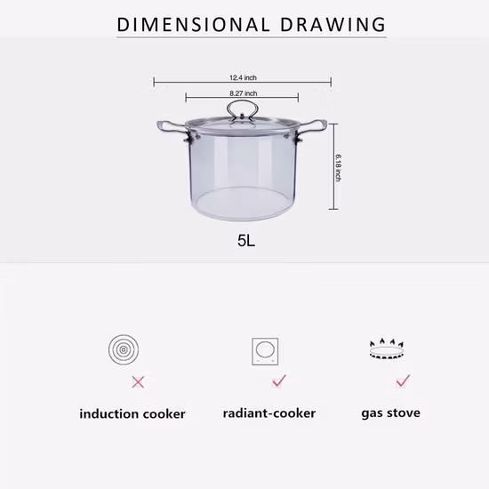 Panela de vidro com tampa, calor 5L